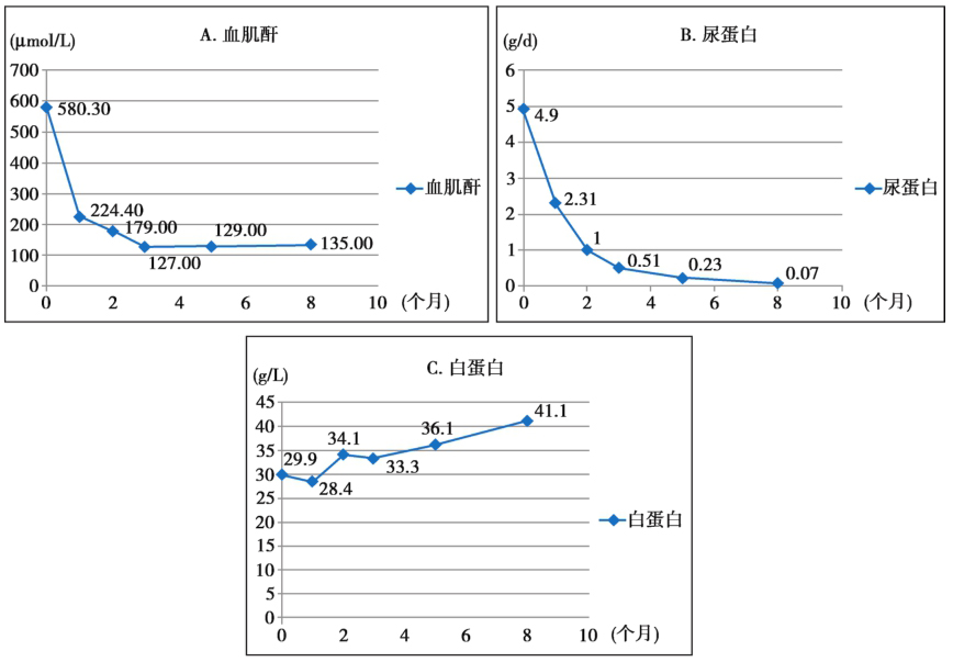 图3 血浆置换治疗后随访8个月病情变化：A血肌酐（μmolL）变化，B尿蛋白尿定量（gd）变化，和C 血清白蛋白（gL）变化.jpg